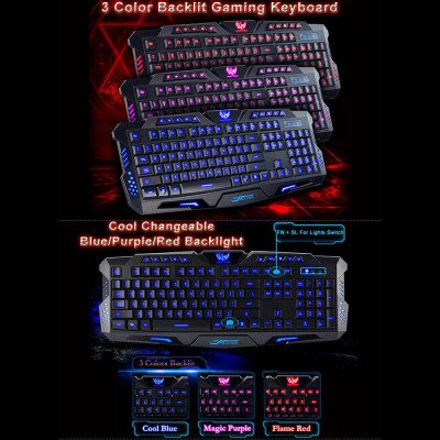 Bàn phím và Chuột chơi game có dây HSXJ English 3 Đèn nền Kết hợp Chuột quang có thể điều chỉnh DPI 