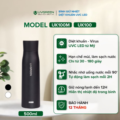 Bình Giữ Nhiệt Diệt Khuẩn UVC LED UK100 UVGREEN 500ml - Hàng Chính Hãng - Công Nghệ Mỹ, Diệt Khuẩn Nước 99,99%, Chất Liệu Inox SUS 316