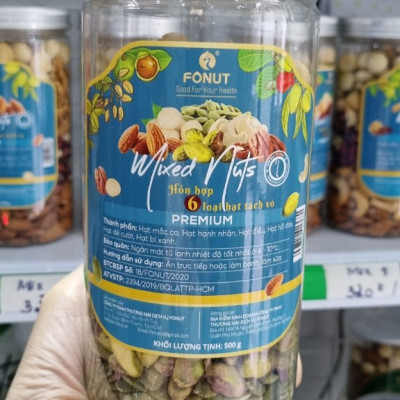 Mixed Nuts 6 loại hạt dinh dưỡng macca, hạt điều, hồ đào, hạnh nhân, hạt dẻ cười và bí xanh đã tách vỏ (hũ 500gr)