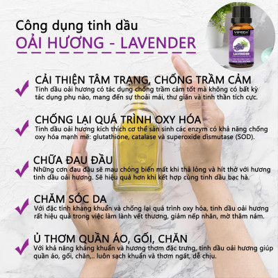 Tinh dầu Xông phòng gồm Combo 3 lọ tinh dầu cao cấp: tinh dầu Sả chanh (10ml) + tinh dầu Oải hương (10ml) + tinh dầu Cam tươi (10ml) Vemoda