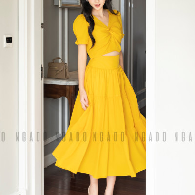 Set áo váy vàng NGADO , set đồ nữ , Set áo kèm chân váy xòe , Set đồ nữ thiết kế