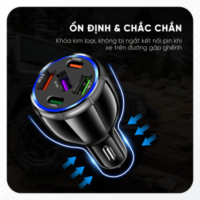 Tẩu Sạc Điện Thoại 5 Cổng USB Type C Trên Xe Ô Tô | Tẩu Sạc Điện Thoại 5 Cổng Sạc USB Type C Công Nghệ Sạc Nhanh Quick Charge 3.0, Chất Liệu Cao Cấp Chống Rơi Vỡ