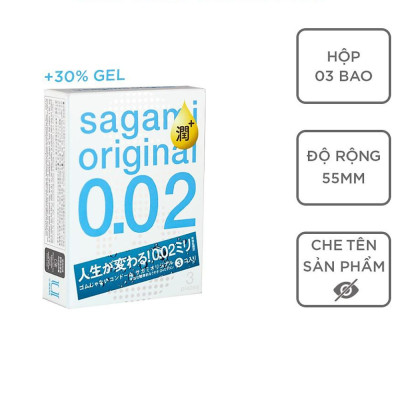 Bao cao su cao cấp Sagami Original 0.02 Non Latex mượt mà, êm ái, chân thực, Hộp 3 chiếc