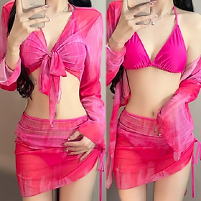 Bikini Loang Màu Set 4 Món Áo Choàng Dài Tay Váy Rút Dây BK004 MayHomes Đồ Bơi Nữ 4 Mảnh