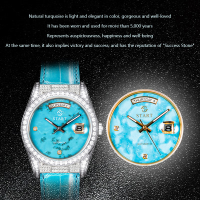 【START】Đồng hồ nam đá ngọc lam tự nhiên（Turquoise）đồng hồ kim cương chức năng hiển thị thứ ngày  đồng hồ cơ tự động dây da cá sấu Khóa bướm