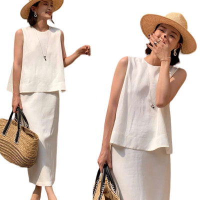 Bộ váy nữ chất linen gồm 1 áo ba lỗ, 1 chân váy suông dáng dài, phong cách Hàn Quốc nhẹ nhàng Bv12