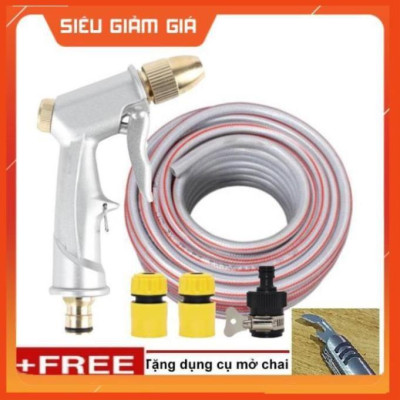 Bộ dây vòi xịt nước rửa xe, tưới cây . tăng áp 3 lần, loại 20m 206701 đầu đồng, cút,nối đen+ tặng mở chai