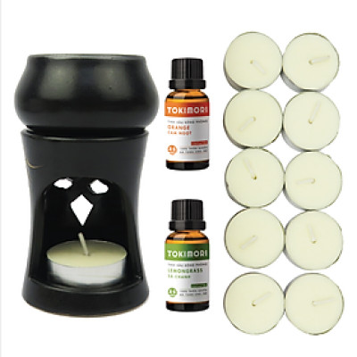 Bộ Đèn Xông Tinh Dầu TOKI MORI bằng nến kèm 2 chai tinh dầu 10ml Sả Chanh, Cam Ngọt, Nến Sáp, Khử Mùi, Làm Thơm, Trang Trí Nhà ở, Văn Phòng, Quà tặng