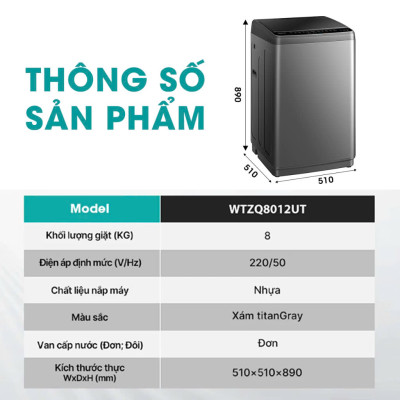 Máy Giặt Hisense 8kg WTZQ8012UT Bộ Giặt Xơ Vải Làm Sạch, Vệ Sinh Lồng Giặt, Vắt Khô, Bảo Hành Chính Hãng 24 Tháng - Hàng Chính Hãng