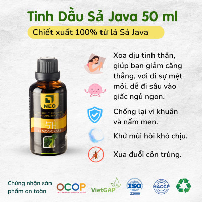 Tinh Dầu Sả Java nguyên chất NEO - Tinh dầu sả java xua đuổi côn trùng, làm đẹp, xông phòng, - 50ml