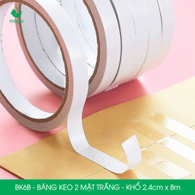 BK6B - 12 cuộn băng keo 2 mặt siêu dính - Khổ 2.4cm x 8m - Băng dính 2 mặt, băng keo hai mặt
