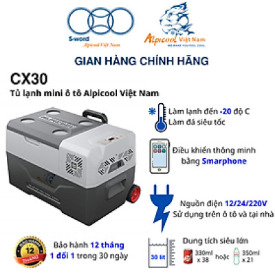 Tủ lạnh ô tô thông minh Alpicool Việt Nam 30 lít - CX30 - có tay kéo, bánh xe, làm đá nhanh kiêm hộp đựng thực phẩm, kiêm thùng đá cho tài xế, lái xe