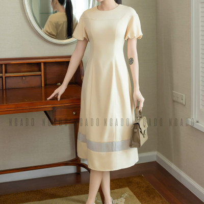 Đầm kem dài cổ tròn NGADO , đầm dài , đầm cổ tròn