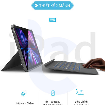 Bao Da Kèm Bàn Phím Không Dây WIWU ComboTuoch Dùng Cho iPad 10.2/ 10.5, iPad Pro 11 inch/Air 4/Air5, Ipad Gen 10( Có Khe Để Bút) Có Đèn Led Phím, Trackpad Mượt, Có Thể Tháo Rời Bàn Phím- Hàng chính hãng