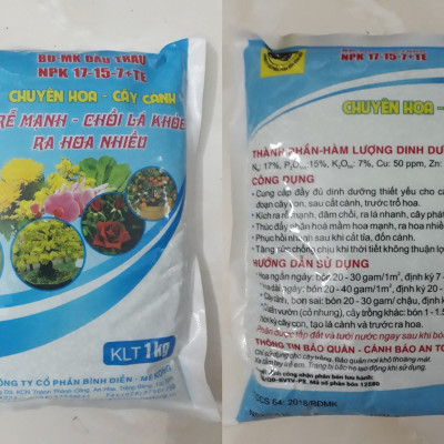 Phân bón đầu trâu MK NPK 17-15-7+TE cao cấp gói 1KG chuyên hoa - cây cảnh
