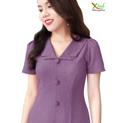 Đầm Suông A Cổ Bẻ Phối Cúc Tôn Da Sáng