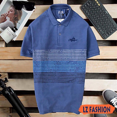 ÁO THUN NAM TAY NGẮN CỔ BẺ PHỐI SỌC NGANG, LOGO THÊU, TAY BO - LZPS151