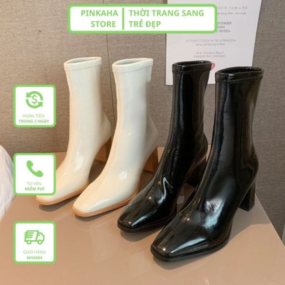 Giày Bốt Nữ Da Bóng Trắng Đen Ôm Chân Đẹp Gót 7 Phân Cổ cao Mũi Nhọn Không Có Khóa