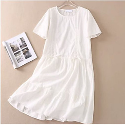 Đầm nữ dáng suông dài màu trắng cổ tròn vải kate cao cấp phong cách ttrẻ trung Haint Boutique Da213
