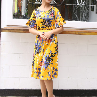 Váy Hoa Vàng Tiểu Thư Cổ Tròn Ôm Eo New4all VH3060 - Freesize Cho người dưới 50Kg