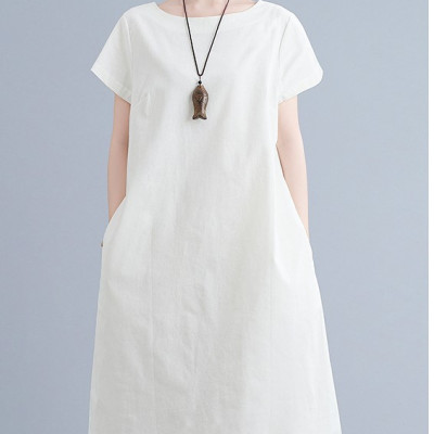 Đầm linen suông trắng dài,ngắn tay kèm dây thắt eo Haint Boutique Da84
