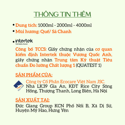 Nước lau sàn Hữu cơ Ecocare đuổi muỗi tinh dầu Sả chanh 4000ml