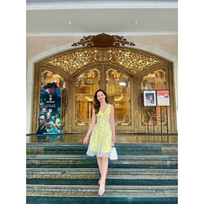 Đầm Xoè Nữ Tính, Thanh Lịch Soleil DRE218Floral hoa vàng thời trang thiết kế Hity