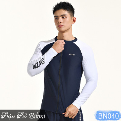 Áo bơi nam dài tay chống nắng cao cấp, thun bơi lạnh chuẩn đẹp co giãn cao mịn mát, khóa kéo mượt mà dễ mặc, có size lớn đến 90kg | BN040