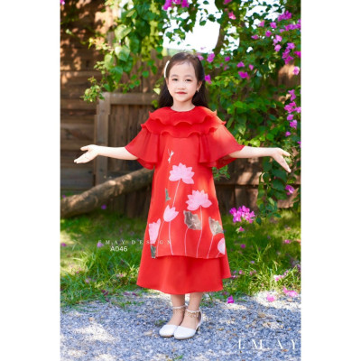 Áo dài tết cho bé gái mẫu Hoa sen tay phồng xinh xắn từ 12-40kg hàng thiết kế cao cấp