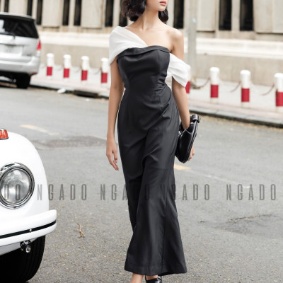 Đầm đuôi cá đen phối trắng NGADO , đầm nữ , Đầm dự tiệc sang chảnh , Đầm đuôi cá hở vai