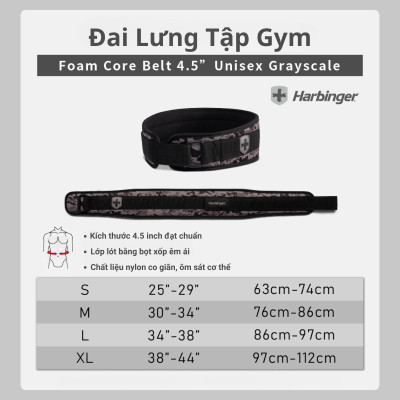 Đai Lưng Tập Gym Harbinger Foam Core Belt 4.5 Inch – Unisex Grayscale