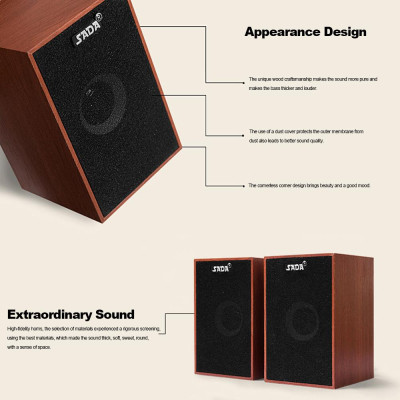 Loa kết hợp bằng gỗ có dây SADA V-160 USB âm thanh nổi Loa siêu trầm