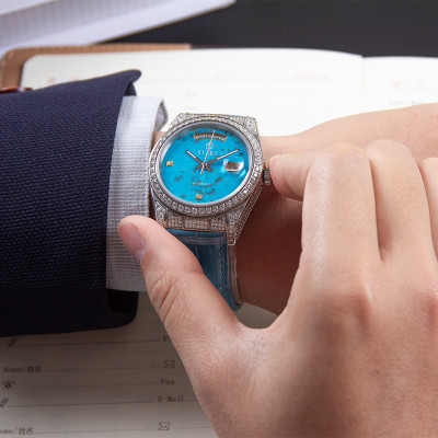 【START】Đồng hồ nam đá ngọc lam tự nhiên（Turquoise）đồng hồ kim cương chức năng hiển thị thứ ngày  đồng hồ cơ tự động dây da cá sấu Khóa bướm