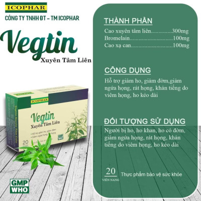 Xuyên Tâm Liên Vegtin hỗ trợ giảm ho khan, ho đờm, ngứa rát họng (Hộp 20 viên)