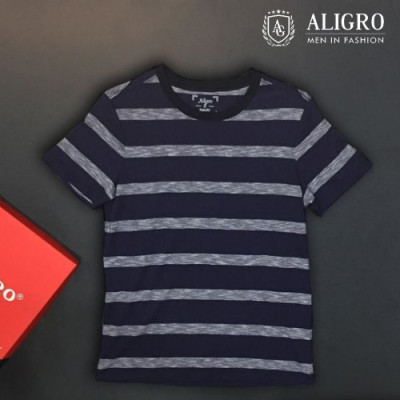 Áo phông cổ tròn nam màu navy kẻ ALGAPC035