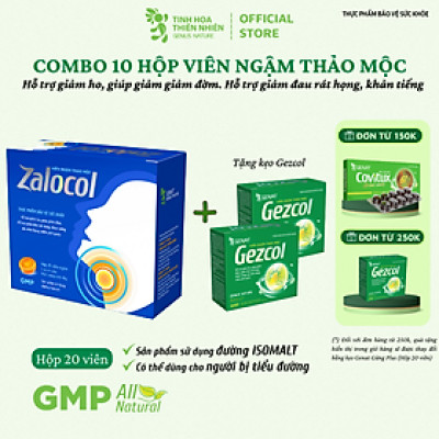 Combo 10 hộp viên ngậm ho thảo mộc Zalocol Hỗ trợ giảm đờm, giảm đau rát họng, khản tiếng do viêm họng, viêm phế quản (Hộp 20 viên) tặng túi gừng- Genat