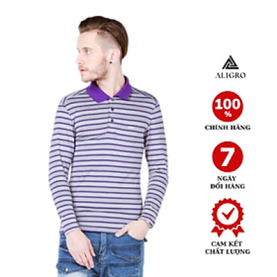 Áo thun tay dài cổ bẻ kẻ tím nền xám ALIGRO ALGAPD016