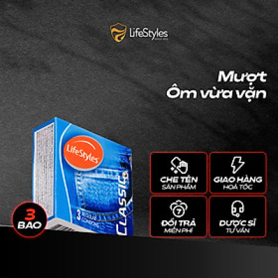Bao Cao Su LifeStyles Classic Thiết Kế Mỏng, Ôm sát vừa vặn, Nhiều Gel Bôi Trơn - Hộp 3 bao