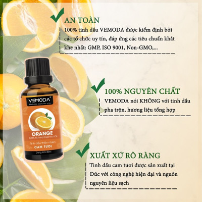 Tinh dầu Cam tươi cao cấp. Orange Essential Oil 50ml. Tinh dầu xông phòng giúp khử mùi, kháng khuẩn, thanh lọc không khí, xua đuổi côn trùng, giảm căng thẳng, cân bằng cảm xúc. Tinh dầu thơm phòng cao cấp Vemoda