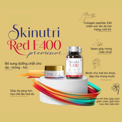 Skinutri Red E400 Bổ sung dưỡng chất cho Da, Tóc, Móng, hạn chế lão hóa da, giúp da sáng đẹp - Hộp 2 lọ x 20 viên