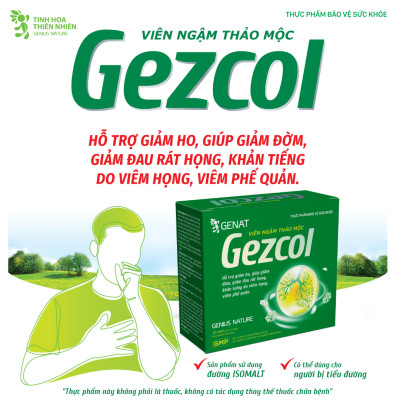 Viên ngậm thảo mộc Gezcol Hỗ trợ giảm ho, giảm đờm, giảm đau rát họng, khản tiếng (Hộp 20 viên)  - Genat