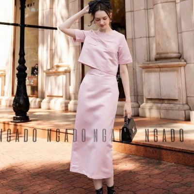 Set áo váy hồng ngắn tay NGADO , váy nữ , set đồ nữ , set đồ nữ , chân váy dài phối áo cổ tròn