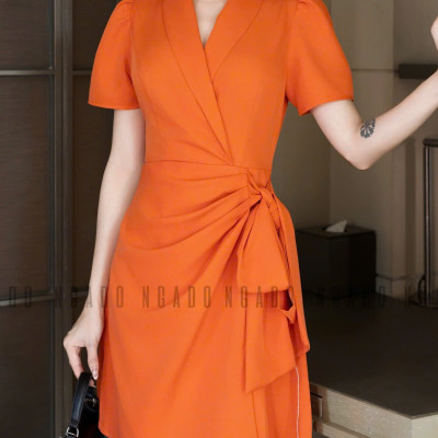 Đầm cam vạt xếp NGADO , đầm ngắn , đầm thiết kế Nữ