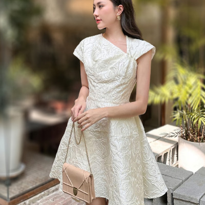 Đầm trắng dự tiệc MINA thiết kế dáng xoè mini chất liệu gấm vân hoa hồng cao cấp - MN189