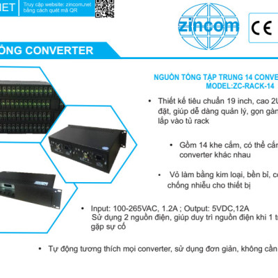 Khung Nguồn tổng 14 khe cắm. Hàng chính hãng ZINCOM. Model: ZC-RACK-14
