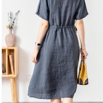  Váy sơ mi cổ V dáng suông dài basic vintage Hàn Quốc đơn giản nhẹ nhàng Haint Boutique Da173