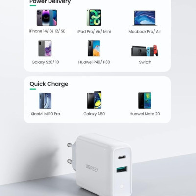 Củ Sạc nhanh 2 cổng USB A và USB Type-C 36W Ugreen 60468 màu trắng - Hàng chính hãng