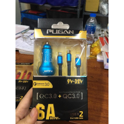 Tẩu sạc nhanh kèm dây cáp 3 đầu Ô tô chính hãng Pugan với 2 chức năng sạc thông minh và sạc siêu tốc 4.8A