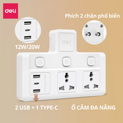 Ổ Cắm Chia Điện Deli, Ổ Cắm Điện Chữ T Công Suất 2500W Tích Hợp Cổng USB &TypeC Sạc Nhanh 20W