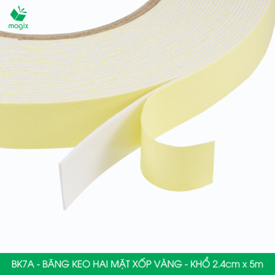 BK7A - 10 cuộn băng keo xốp 2 mặt siêu dính - Khổ 2.4cm x 5m - Băng dính xốp vàng, băng keo hai mặt